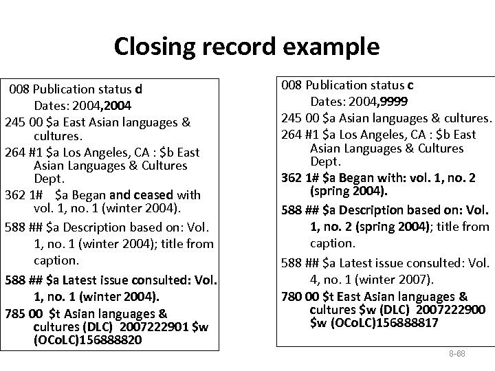 Closing record example 008 Publication status d Dates: 2004, 2004 245 00 $a East