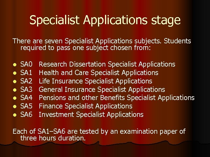Specialist Applications stage There are seven Specialist Applications subjects. Students required to pass one