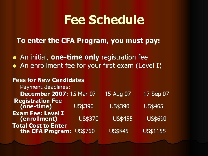 Fee Schedule To enter the CFA Program, you must pay: l An initial, one-time