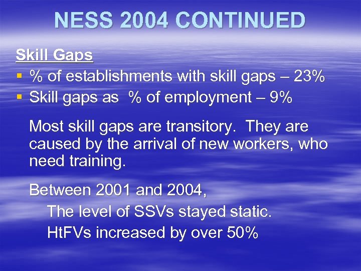 NESS 2004 CONTINUED Skill Gaps § % of establishments with skill gaps – 23%