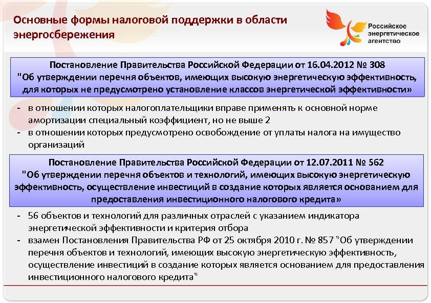Основные формы налоговой поддержки в области энергосбережения Российское энергетическое агентство Постановление Правительства Российской Федерации
