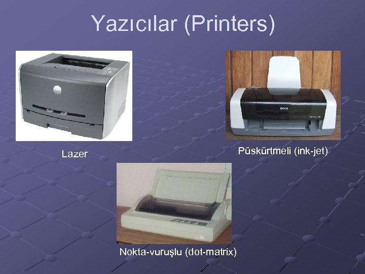 Yazıcılar (Printers) Püskürtmeli (ink-jet) Lazer Nokta-vuruşlu (dot-matrix) 