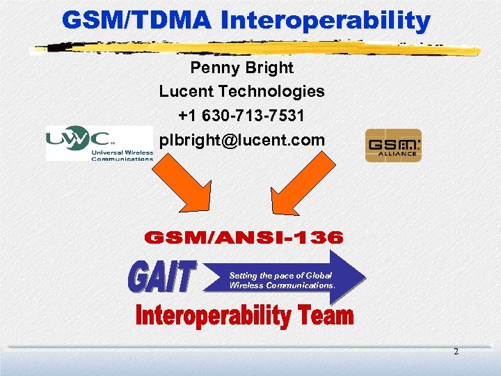 GSM/TDMA Interoperability Penny Bright Lucent Technologies +1 630 -713 -7531 plbright@lucent. com Setting the