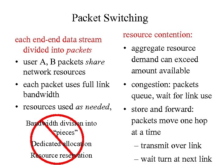 Packet Switching each end-end data stream divided into packets • user A, B packets