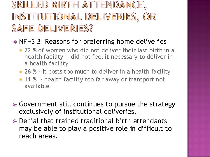  NFHS 3 Reasons for preferring home deliveries 72 % of women who did