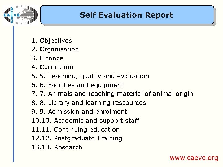Self Evaluation Report 1. Objectives 2. Organisation 3. Finance 4. Curriculum 5. 5. Teaching,