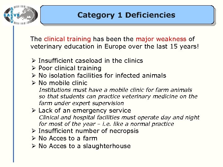 Category 1 Deficiencies The clinical training has been the major weakness of veterinary education