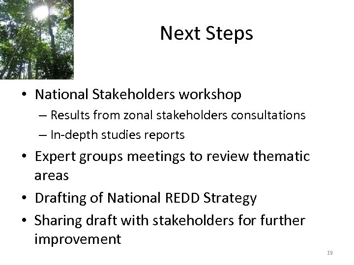 Next Steps • National Stakeholders workshop – Results from zonal stakeholders consultations – In-depth
