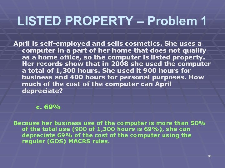 LISTED PROPERTY – Problem 1 April is self-employed and sells cosmetics. She uses a