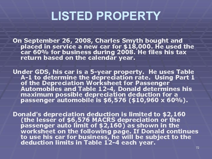 LISTED PROPERTY On September 26, 2008, Charles Smyth bought and placed in service a