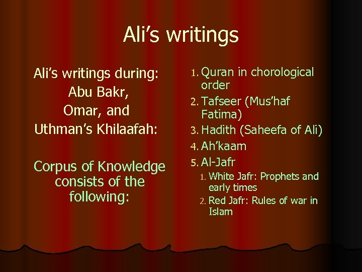 Ali’s writings during: Abu Bakr, Omar, and Uthman’s Khilaafah: Corpus of Knowledge consists of