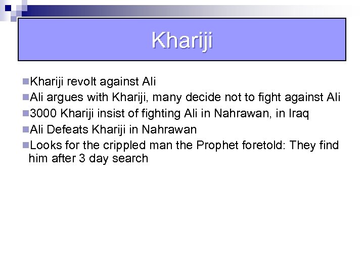 Khariji n. Khariji revolt against Ali n. Ali argues with Khariji, many decide not