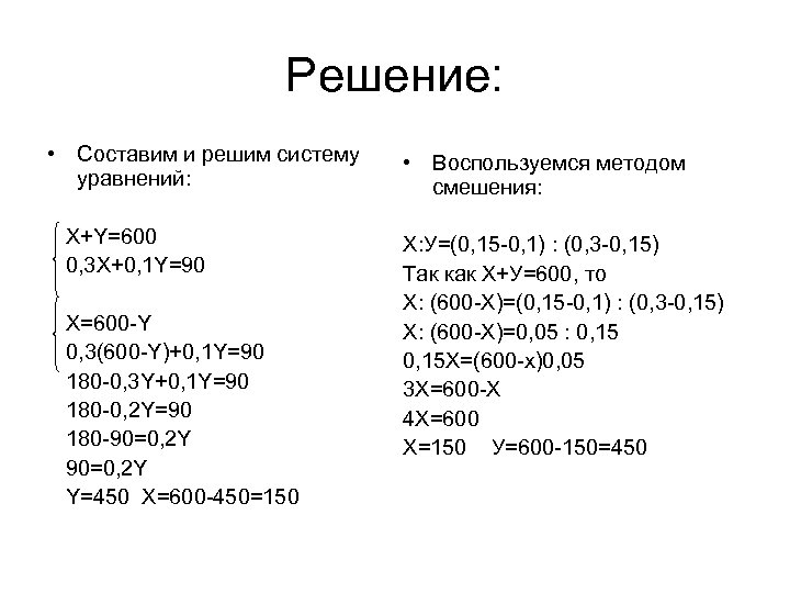 Решение: • Составим и решим систему уравнений: X+Y=600 0, 3 X+0, 1 Y=90 X=600