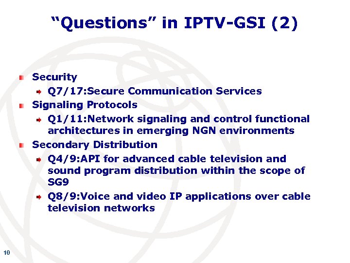 “Questions” in IPTV-GSI (2) Security Q 7/17: Secure Communication Services Signaling Protocols Q 1/11: