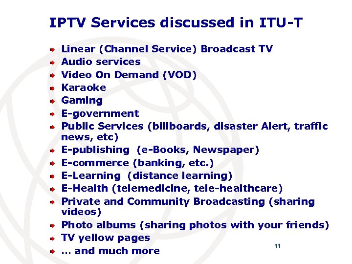 IPTV Services discussed in ITU-T Linear (Channel Service) Broadcast TV Audio services Video On