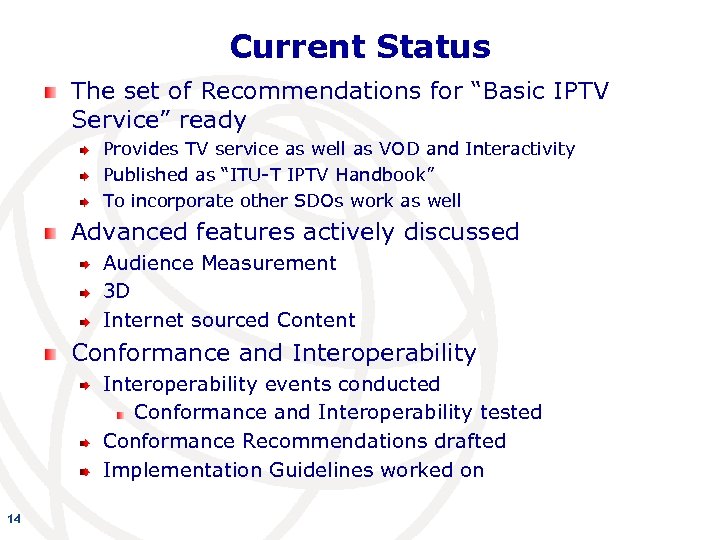 Current Status The set of Recommendations for “Basic IPTV Service” ready Provides TV service