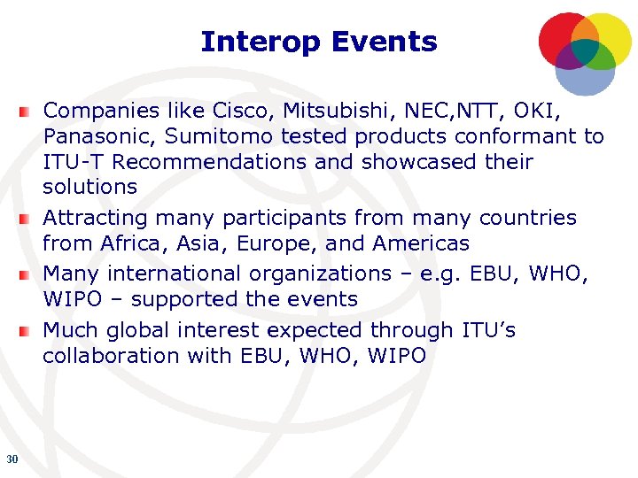 Interop Events Companies like Cisco, Mitsubishi, NEC, NTT, OKI, Panasonic, Sumitomo tested products conformant
