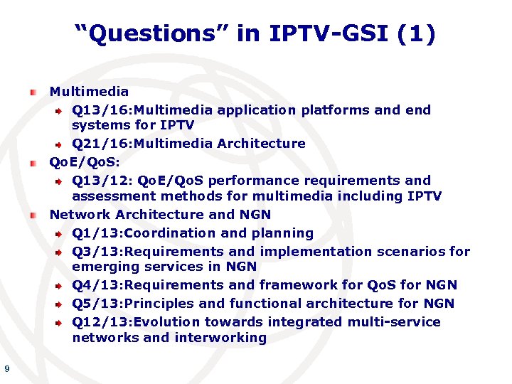 “Questions” in IPTV-GSI (1) Multimedia Q 13/16: Multimedia application platforms and end systems for
