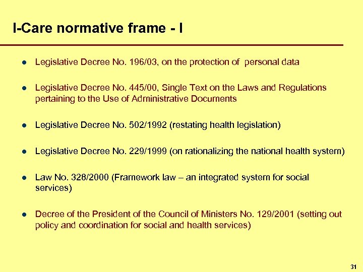 I-Care normative frame - I l Legislative Decree No. 196/03, on the protection of
