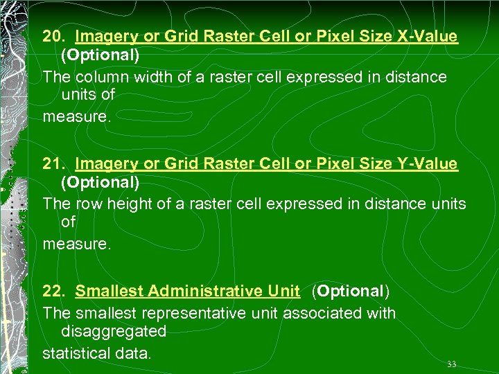 20. Imagery or Grid Raster Cell or Pixel Size X-Value (Optional) The column width