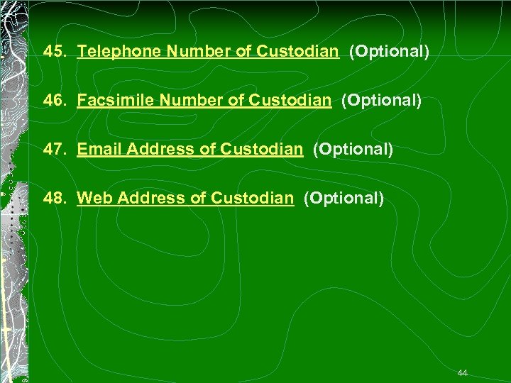 45. Telephone Number of Custodian (Optional) 46. Facsimile Number of Custodian (Optional) 47. Email
