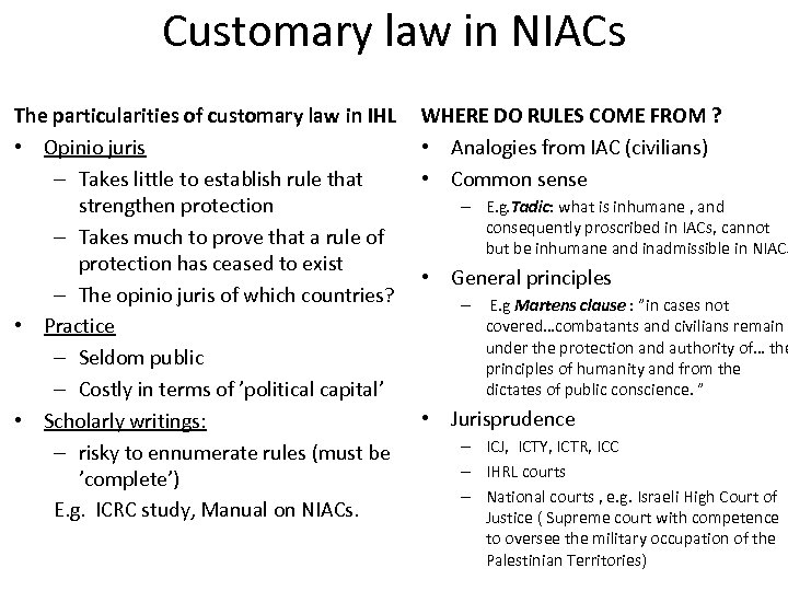 Customary law in NIACs The particularities of customary law in IHL • Opinio juris