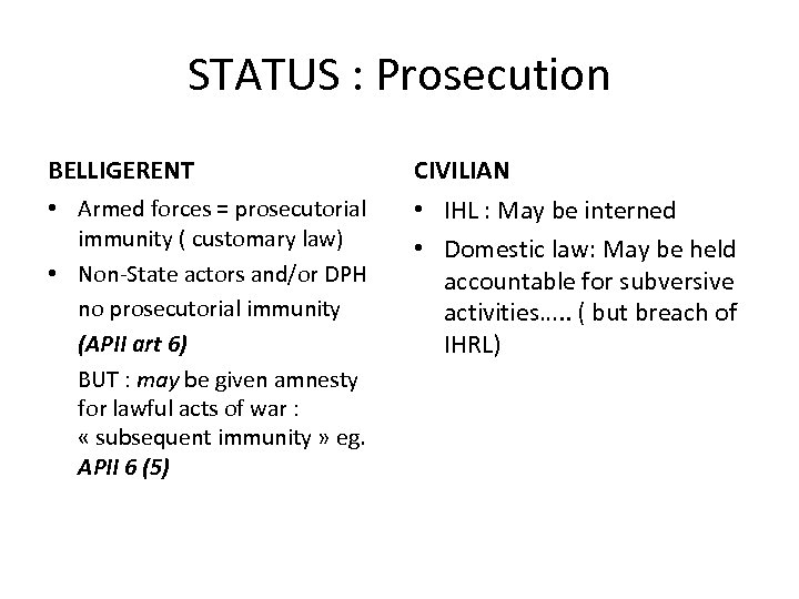 STATUS : Prosecution BELLIGERENT CIVILIAN • Armed forces = prosecutorial immunity ( customary law)