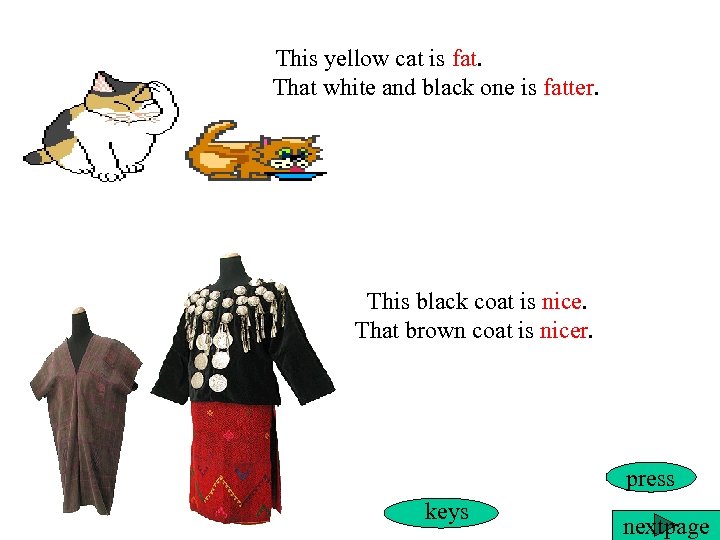 This yellow cat is fat. That white and black one is fatter. This black