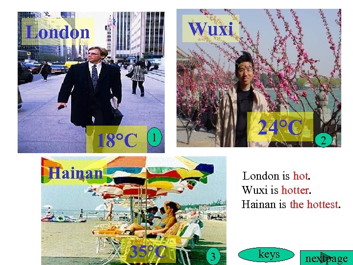 Wuxi London 18°C 24°C 1 Hainan 2 London is hot. Wuxi is hotter. Hainan