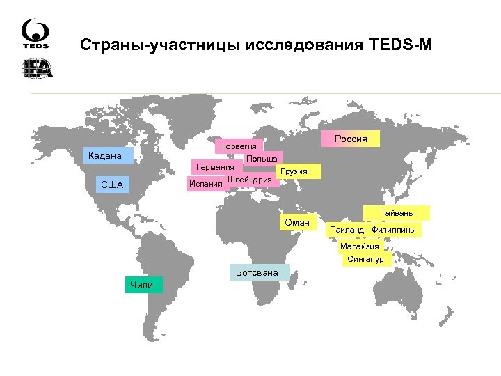 Страны-участницы исследования TEDS-M Норвегия Польша Германия Грузия Швейцария Испания Кадана США Оман Россия Тайвань