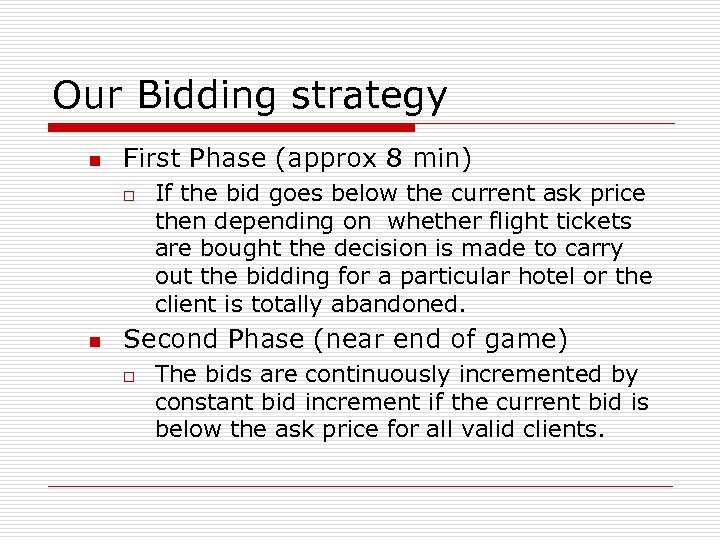 Our Bidding strategy n First Phase (approx 8 min) o n If the bid