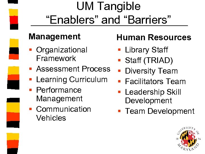 UM Tangible “Enablers” and “Barriers” Management Human Resources § Organizational Framework § Assessment Process
