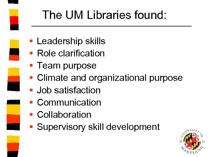 The UM Libraries found: § § § § Leadership skills Role clarification Team purpose