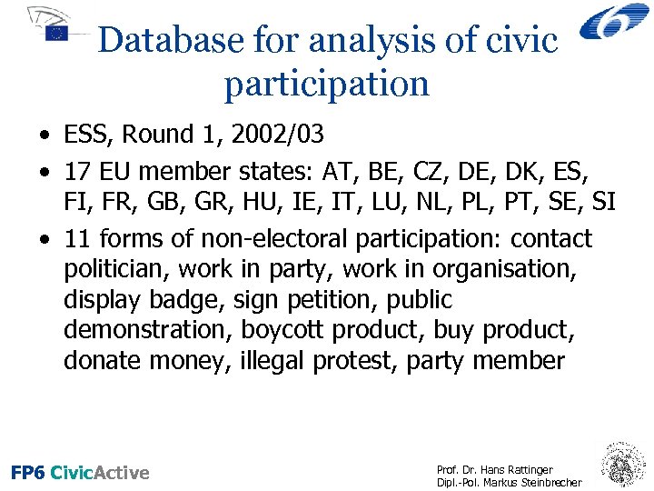 Database for analysis of civic participation • ESS, Round 1, 2002/03 • 17 EU