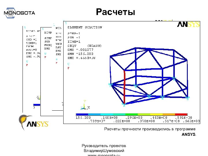 Расчеты прочности производились в программе ANSYS. Руководитель проектов Владимир. Шумовский 