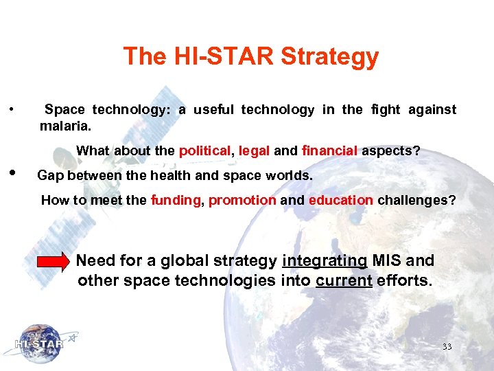 The HI-STAR Strategy • Space technology: a useful technology in the fight against malaria.