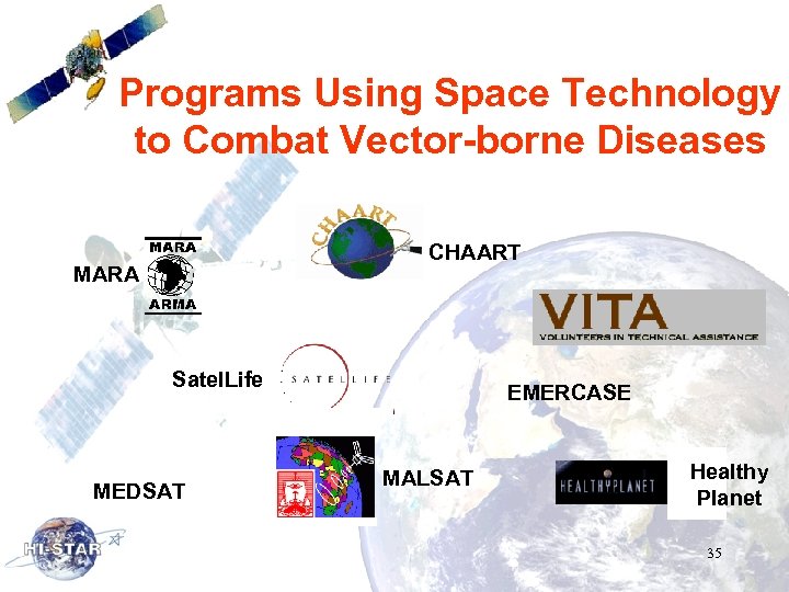 Programs Using Space Technology to Combat Vector-borne Diseases CHAART MARA Satel. Life MEDSAT EMERCASE