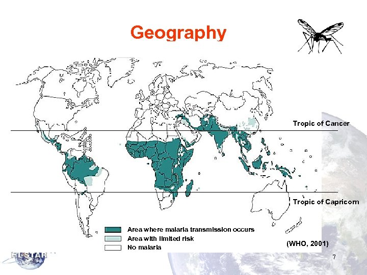 Geography Tropic of Cancer Tropic of Capricorn Area where malaria transmission occurs Area with