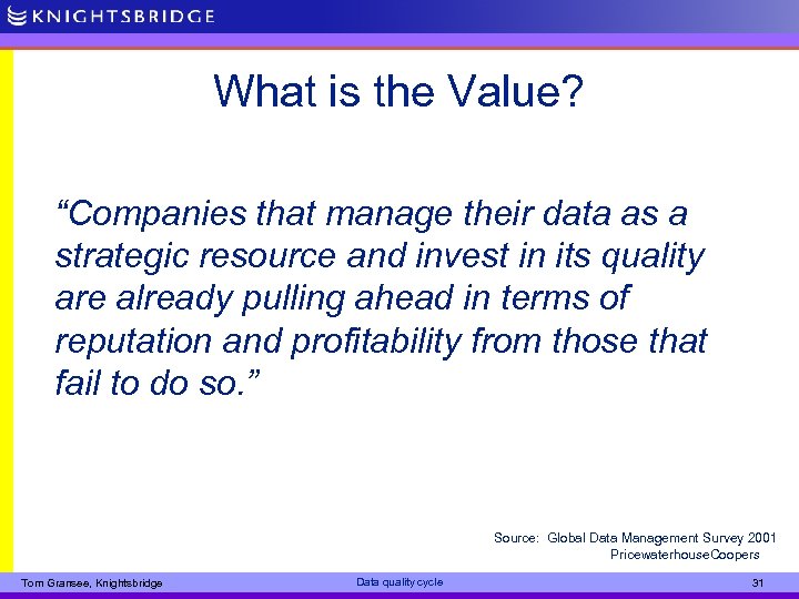 What is the Value? “Companies that manage their data as a strategic resource and