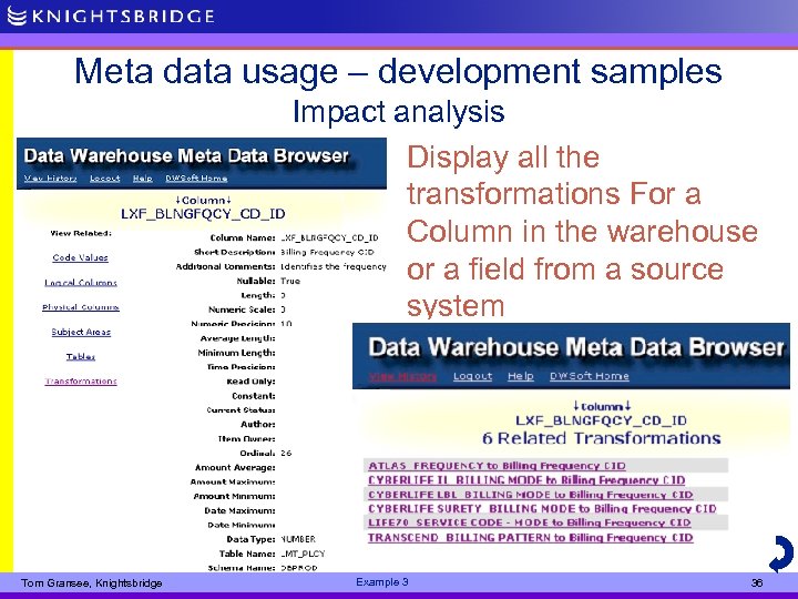 Meta data usage – development samples Impact analysis Display all the transformations For a