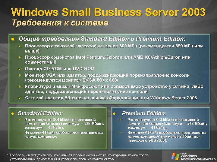 Windows Small Business Server 2003 Требования к системе Общие требования Standard Edition и Premium