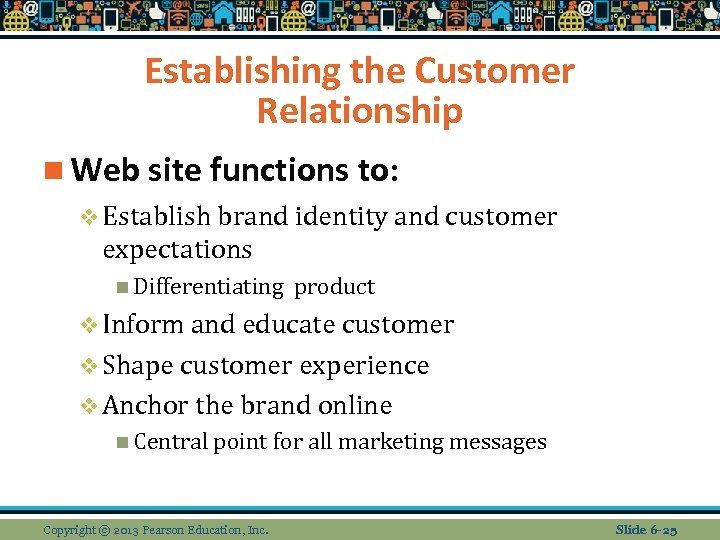 Establishing the Customer Relationship n Web site functions to: v Establish brand identity and