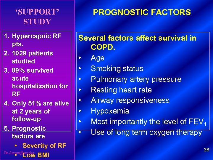 ‘SUPPORT’ STUDY PROGNOSTIC FACTORS 1. Hypercapnic RF pts. 2. 1029 patients studied 3. 89%