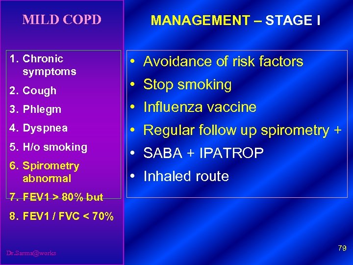 MILD COPD 1. Chronic symptoms MANAGEMENT – STAGE I • Avoidance of risk factors