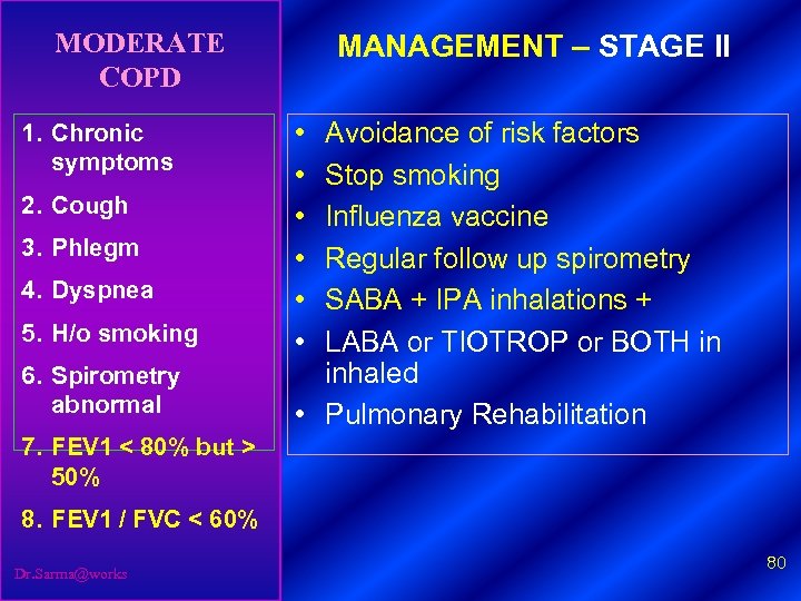 MODERATE COPD 1. Chronic symptoms 2. Cough 3. Phlegm 4. Dyspnea 5. H/o smoking