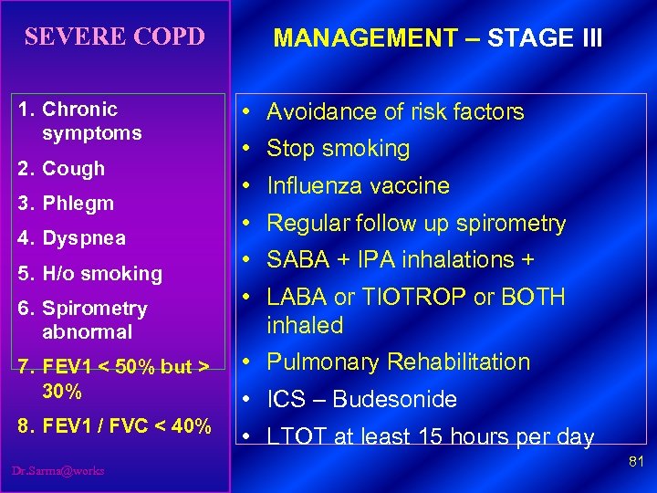 SEVERE COPD 1. Chronic symptoms 2. Cough 3. Phlegm 4. Dyspnea 5. H/o smoking