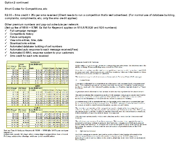 Option. 2 continued Short Codes for Competitions, etc R 2. 00 – Sms credit