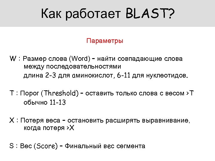 Как работает BLAST? Параметры W : Размер слова (Word) – найти совпадающие слова между