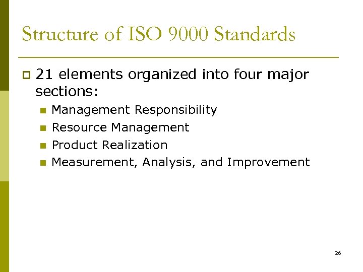 Structure of ISO 9000 Standards p 21 elements organized into four major sections: n