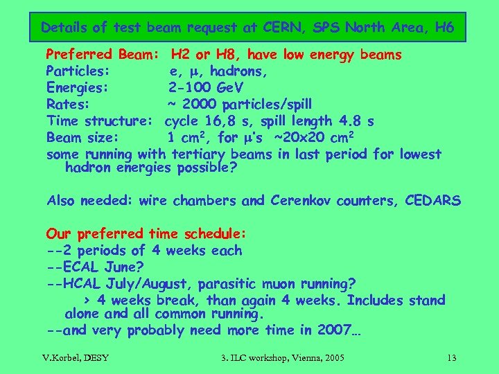 Details of test beam request at CERN, SPS North Area, H 6 Preferred Beam: